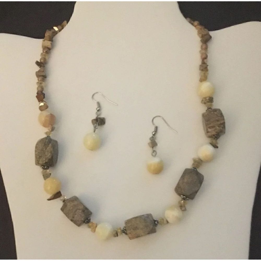 Genuine Jasper & Lemon Quartz Gemstone Necklace & Earring Set